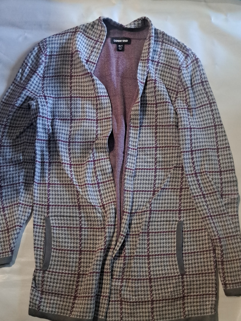 Lands' End Taupe and Mauve Plaid Open-Front Cardigan Medium Tall 10 12